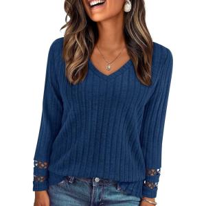 imagePRETTYGARDEN Womens Long Sleeve Shirts Ribbed Knit V Neck Tee Dressy Casual Blouses Going Out Tunic Tops 2025 Fall OutfitsDark Blue