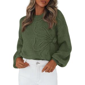 imagePRETTYGARDEN Womens Sweaters 2025 Fall Fashion Long Sleeve Crewneck Floral Knit Pullover Sweater Tops Winter ClothesArmy Green