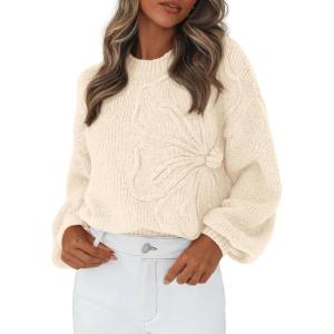 imagePRETTYGARDEN Womens Sweaters 2025 Fall Fashion Long Sleeve Crewneck Floral Knit Pullover Sweater Tops Winter ClothesBeige