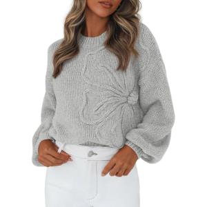imagePRETTYGARDEN Womens Sweaters 2025 Fall Fashion Long Sleeve Crewneck Floral Knit Pullover Sweater Tops Winter ClothesLight Grey