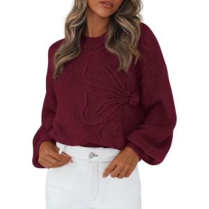 imagePRETTYGARDEN Womens Sweaters 2025 Fall Fashion Long Sleeve Crewneck Floral Knit Pullover Sweater Tops Winter ClothesWine Red
