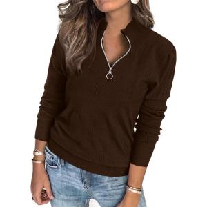 imagePRETTYGARDEN Womens Sweaters Quarter Zip Knit Long Sleeve Business Casual Pullover Tops 2025 Fall Fashion Work OutfitsBrown
