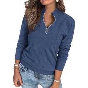 imagePRETTYGARDEN Womens Sweaters Quarter Zip Knit Long Sleeve Business Casual Pullover Tops 2025 Fall Fashion Work OutfitsGrey Blue
