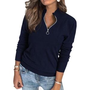 imagePRETTYGARDEN Womens Sweaters Quarter Zip Knit Long Sleeve Business Casual Pullover Tops 2025 Fall Fashion Work OutfitsNavy Blue