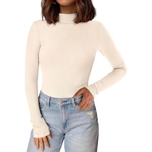 imagePRETTYGARDEN Womens Turtleneck Long Sleeve Shirts 2025 Fall Basic Tees Ribbed Fitted Tops Thermal Layering Knit Top ClothesBeige