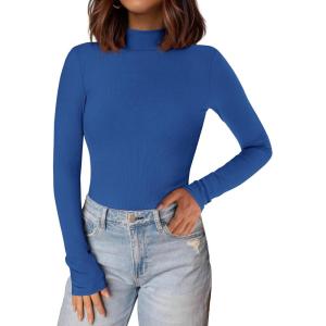 imagePRETTYGARDEN Womens Turtleneck Long Sleeve Shirts 2025 Fall Basic Tees Ribbed Fitted Tops Thermal Layering Knit Top ClothesBlue