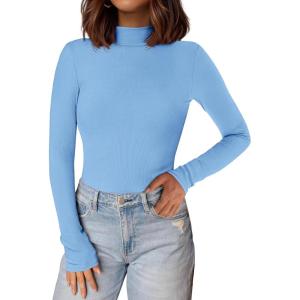 imagePRETTYGARDEN Womens Turtleneck Long Sleeve Shirts 2025 Fall Basic Tees Ribbed Fitted Tops Thermal Layering Knit Top ClothesLight Blue