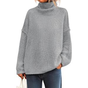 imagePRETTYGARDEN Womens Turtleneck Long Sleeve Sweater 2025 Fall Trendy Loose Fit Knit Tops Oversized Pullover SweatersLight Grey
