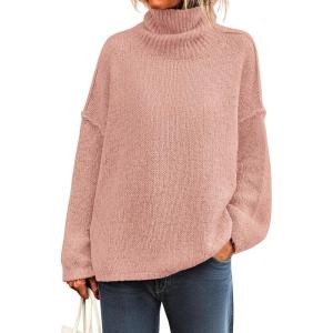 imagePRETTYGARDEN Womens Turtleneck Long Sleeve Sweater 2025 Fall Trendy Loose Fit Knit Tops Oversized Pullover SweatersPink