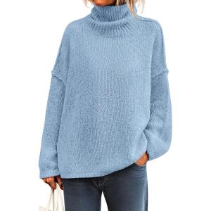 imagePRETTYGARDEN Womens Turtleneck Long Sleeve Sweater 2025 Fall Trendy Loose Fit Knit Tops Oversized Pullover SweatersSky Blue