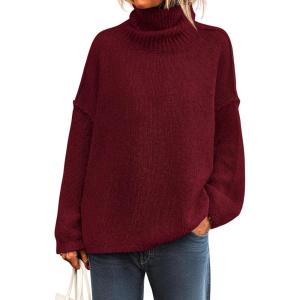 imagePRETTYGARDEN Womens Turtleneck Long Sleeve Sweater 2025 Fall Trendy Loose Fit Knit Tops Oversized Pullover SweatersWine Red