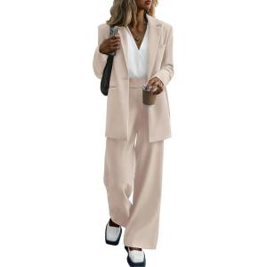 imagePRETTYGARDEN Womens Two Piece Outfits Dressy Blazer Jacket Wide Leg Pants 2025 Fall Business Casual Office Work Suit SetsBeige
