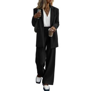 imagePRETTYGARDEN Womens Two Piece Outfits Dressy Blazer Jacket Wide Leg Pants 2025 Fall Business Casual Office Work Suit SetsBlack