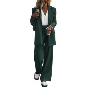 imagePRETTYGARDEN Womens Two Piece Outfits Dressy Blazer Jacket Wide Leg Pants 2025 Fall Business Casual Office Work Suit SetsDark Green