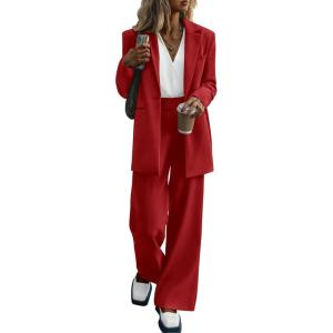 imagePRETTYGARDEN Womens Two Piece Outfits Dressy Blazer Jacket Wide Leg Pants 2025 Fall Business Casual Office Work Suit SetsRed