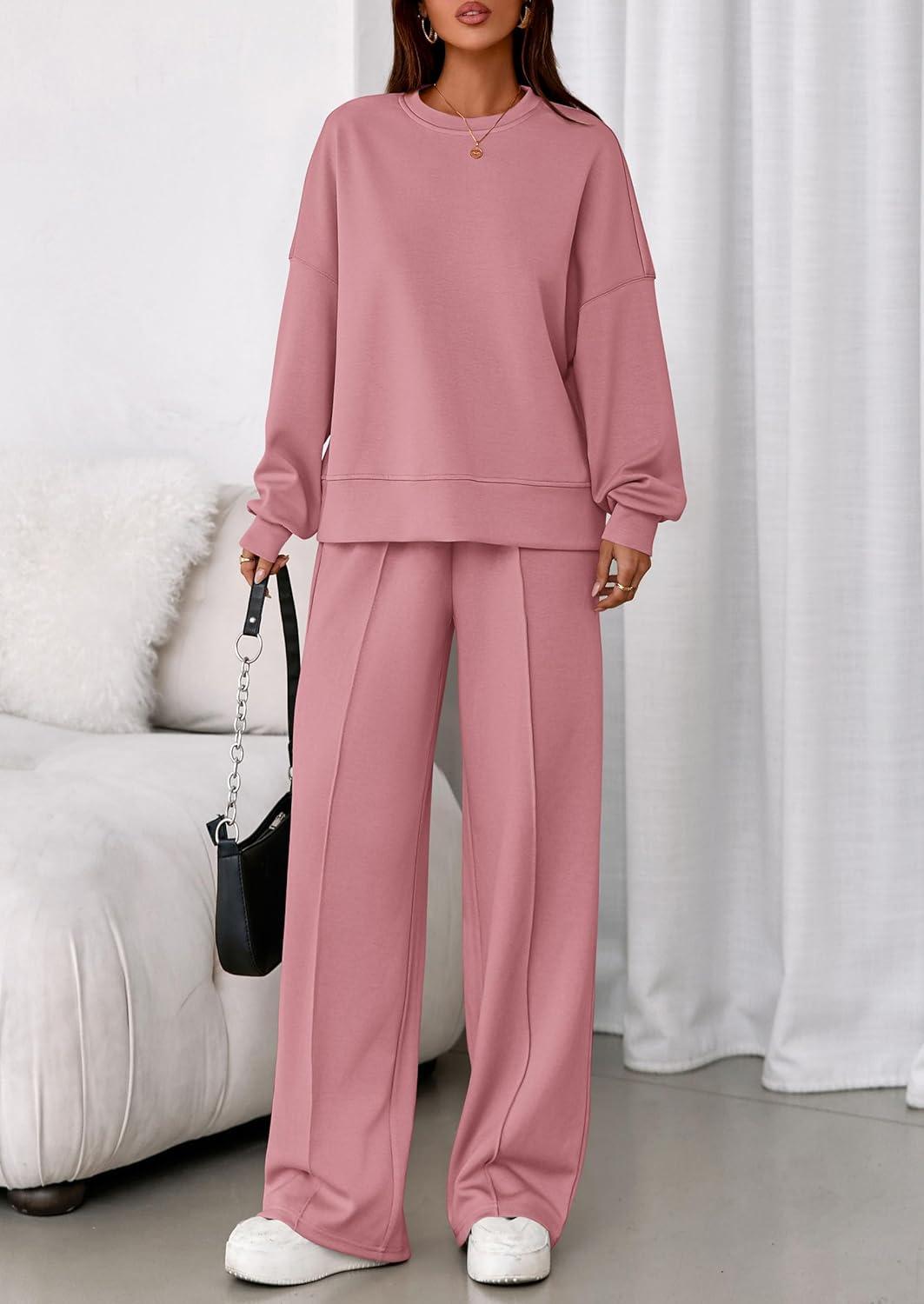 imagePRETTYGARDEN 2 Piece Sets For Women Fall Trendy Long Sleeve Sweatshirt Wide Leg Pants Loungewear Set Matching SweatsuitPink