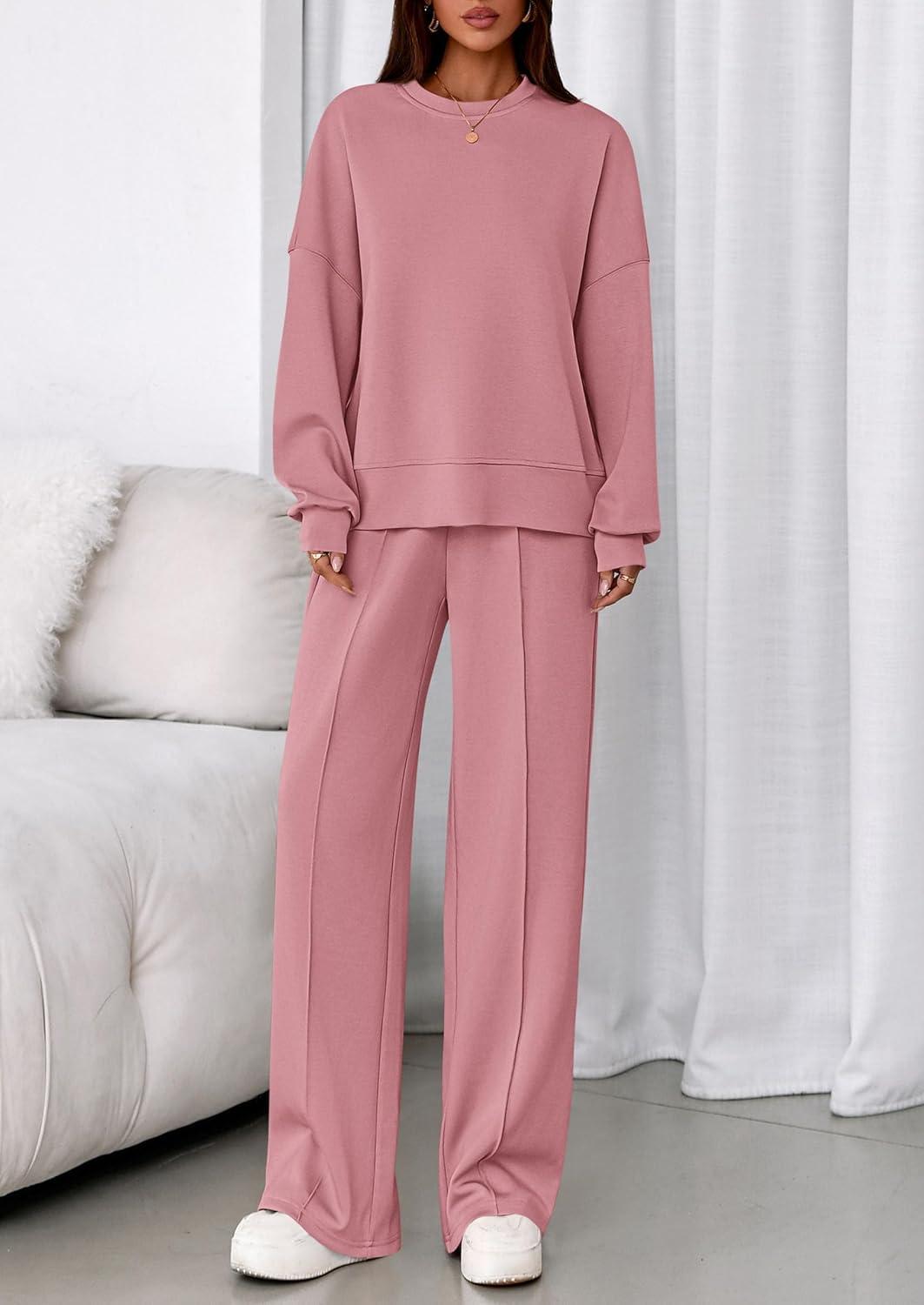imagePRETTYGARDEN 2 Piece Sets For Women Fall Trendy Long Sleeve Sweatshirt Wide Leg Pants Loungewear Set Matching SweatsuitPink