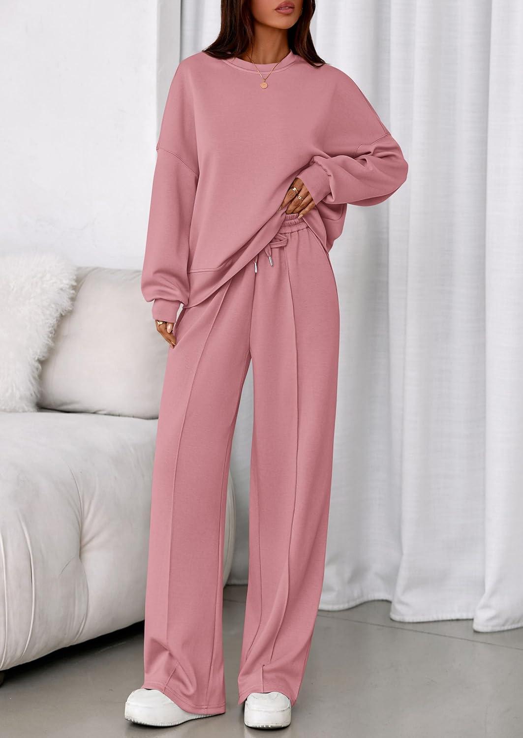 imagePRETTYGARDEN 2 Piece Sets For Women Fall Trendy Long Sleeve Sweatshirt Wide Leg Pants Loungewear Set Matching SweatsuitPink