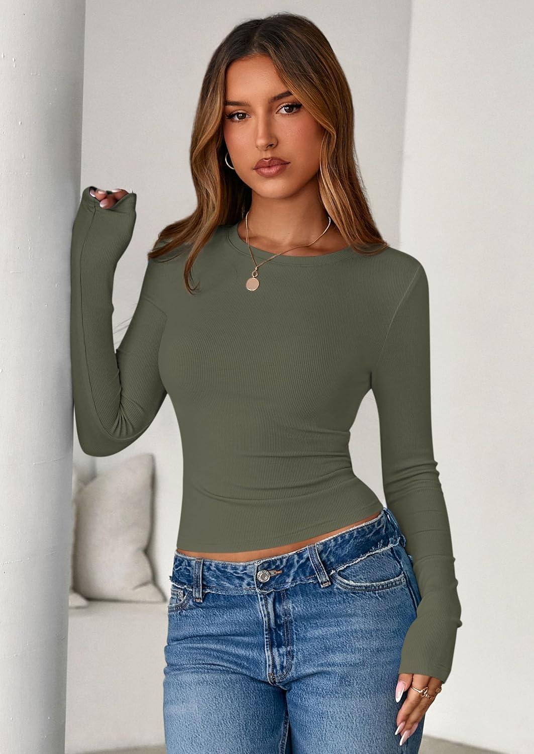 imagePRETTYGARDEN Women 2025 Fall Clothes Long Sleeve Shirts Ribbed Knit Fitted Basic Tee Going Out Tops Underscrub Casual OutfitsArmy Green