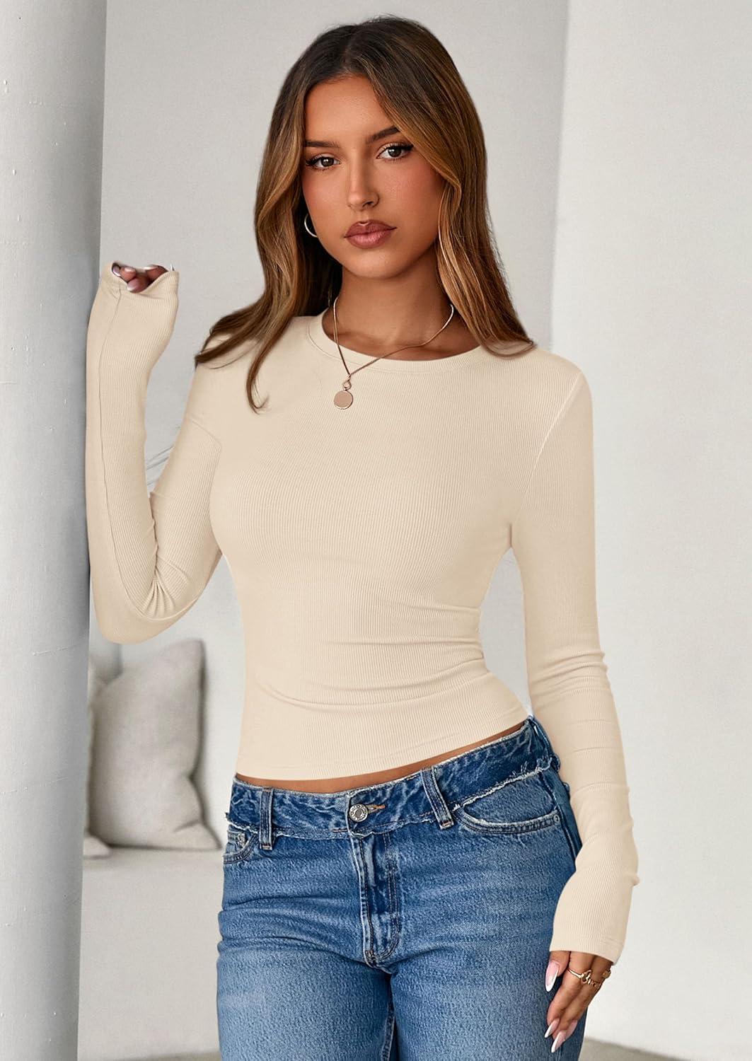 imagePRETTYGARDEN Women 2025 Fall Clothes Long Sleeve Shirts Ribbed Knit Fitted Basic Tee Going Out Tops Underscrub Casual OutfitsBeige