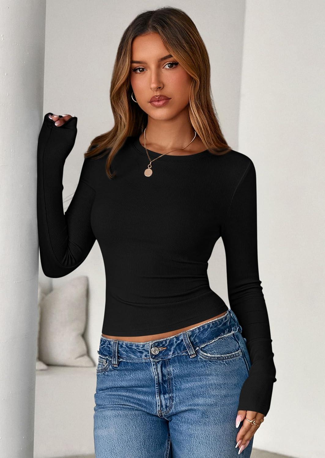 imagePRETTYGARDEN Women 2025 Fall Clothes Long Sleeve Shirts Ribbed Knit Fitted Basic Tee Going Out Tops Underscrub Casual OutfitsBlack