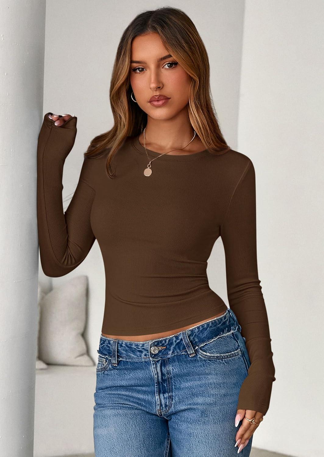 imagePRETTYGARDEN Women 2025 Fall Clothes Long Sleeve Shirts Ribbed Knit Fitted Basic Tee Going Out Tops Underscrub Casual OutfitsBrown