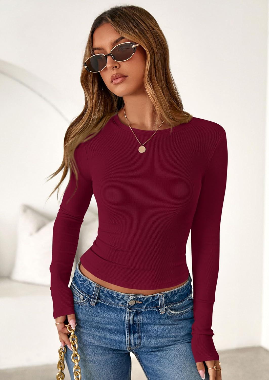 imagePRETTYGARDEN Women 2025 Fall Clothes Long Sleeve Shirts Ribbed Knit Fitted Basic Tee Going Out Tops Underscrub Casual OutfitsBurgundy