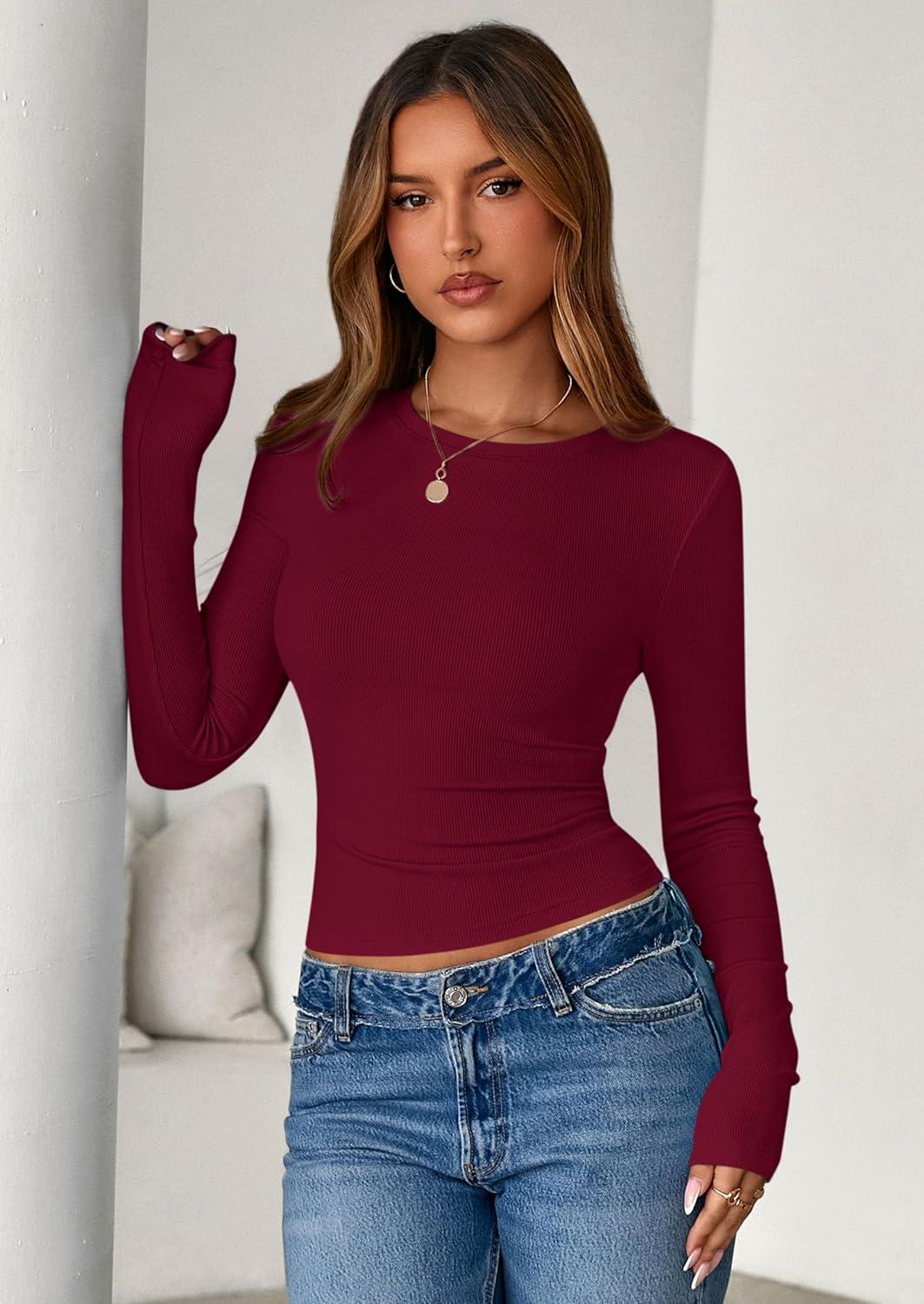 imagePRETTYGARDEN Women 2025 Fall Clothes Long Sleeve Shirts Ribbed Knit Fitted Basic Tee Going Out Tops Underscrub Casual OutfitsBurgundy
