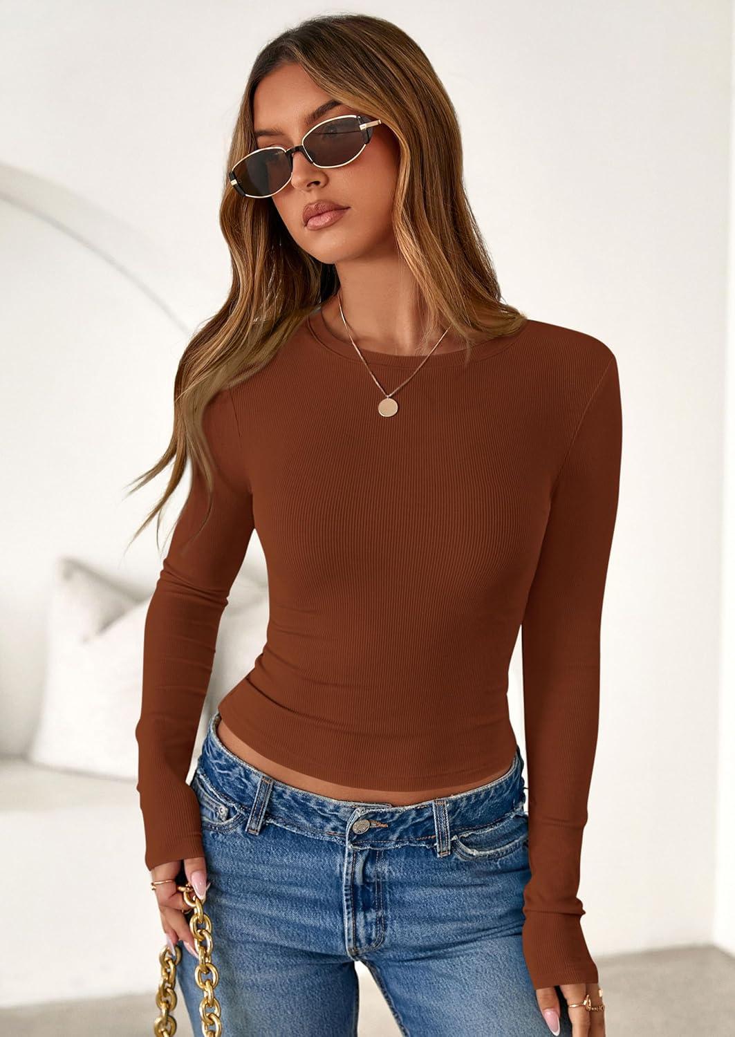 imagePRETTYGARDEN Women 2025 Fall Clothes Long Sleeve Shirts Ribbed Knit Fitted Basic Tee Going Out Tops Underscrub Casual OutfitsCaramel