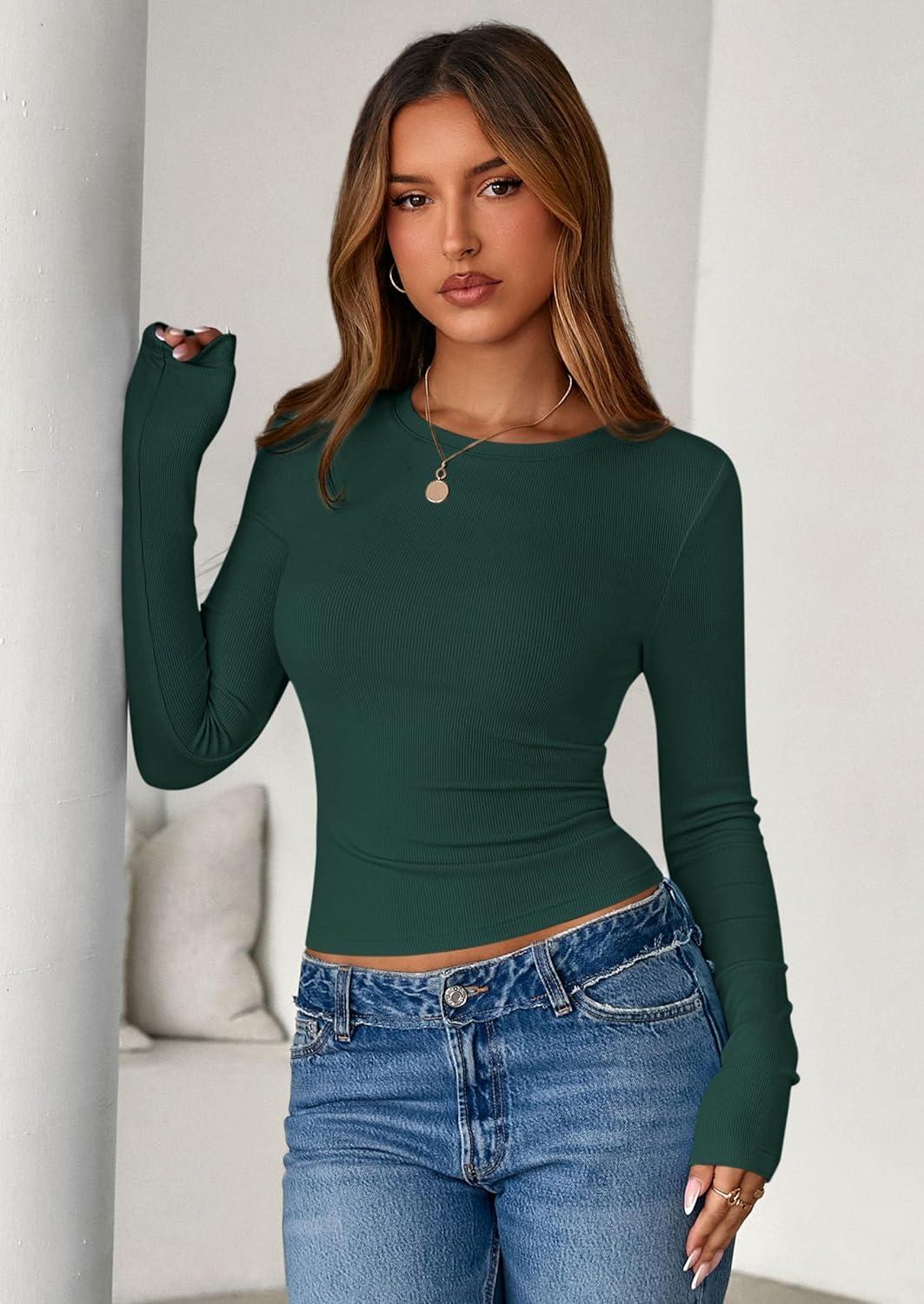 imagePRETTYGARDEN Women 2025 Fall Clothes Long Sleeve Shirts Ribbed Knit Fitted Basic Tee Going Out Tops Underscrub Casual OutfitsDark Green