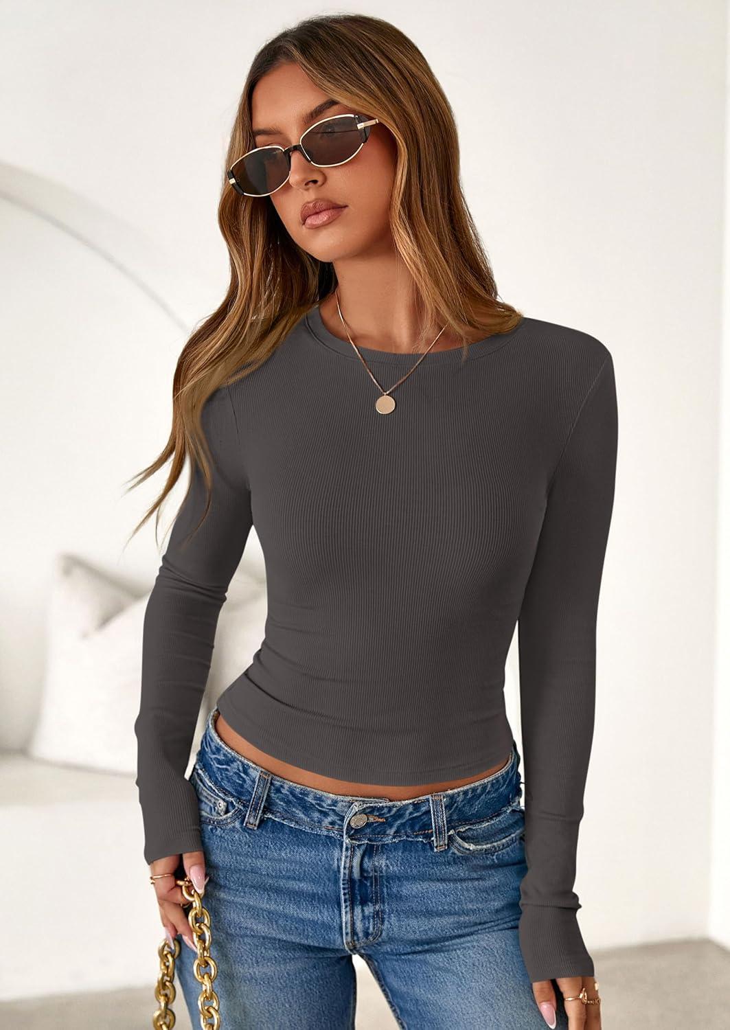 imagePRETTYGARDEN Women 2025 Fall Clothes Long Sleeve Shirts Ribbed Knit Fitted Basic Tee Going Out Tops Underscrub Casual OutfitsDark Grey