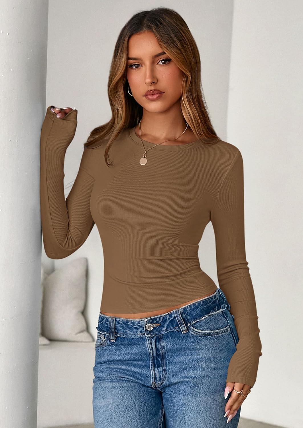 imagePRETTYGARDEN Women 2025 Fall Clothes Long Sleeve Shirts Ribbed Knit Fitted Basic Tee Going Out Tops Underscrub Casual OutfitsDark Khaki