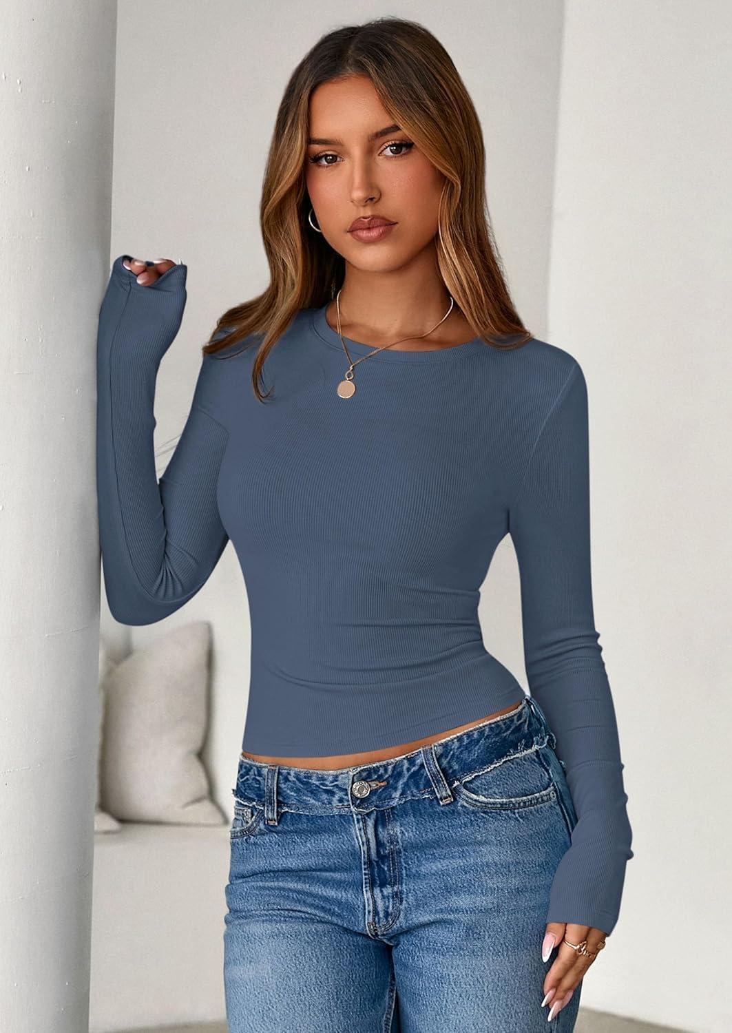 imagePRETTYGARDEN Women 2025 Fall Clothes Long Sleeve Shirts Ribbed Knit Fitted Basic Tee Going Out Tops Underscrub Casual OutfitsDusty Blue