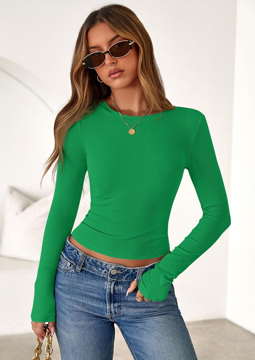 imagePRETTYGARDEN Women 2025 Fall Clothes Long Sleeve Shirts Ribbed Knit Fitted Basic Tee Going Out Tops Underscrub Casual OutfitsGreen
