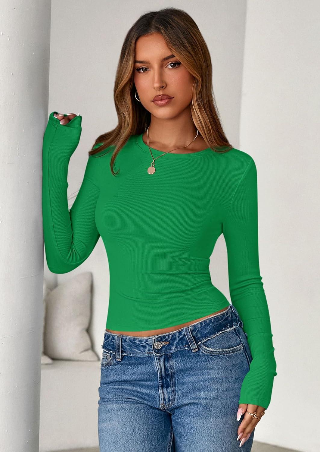 imagePRETTYGARDEN Women 2025 Fall Clothes Long Sleeve Shirts Ribbed Knit Fitted Basic Tee Going Out Tops Underscrub Casual OutfitsGreen