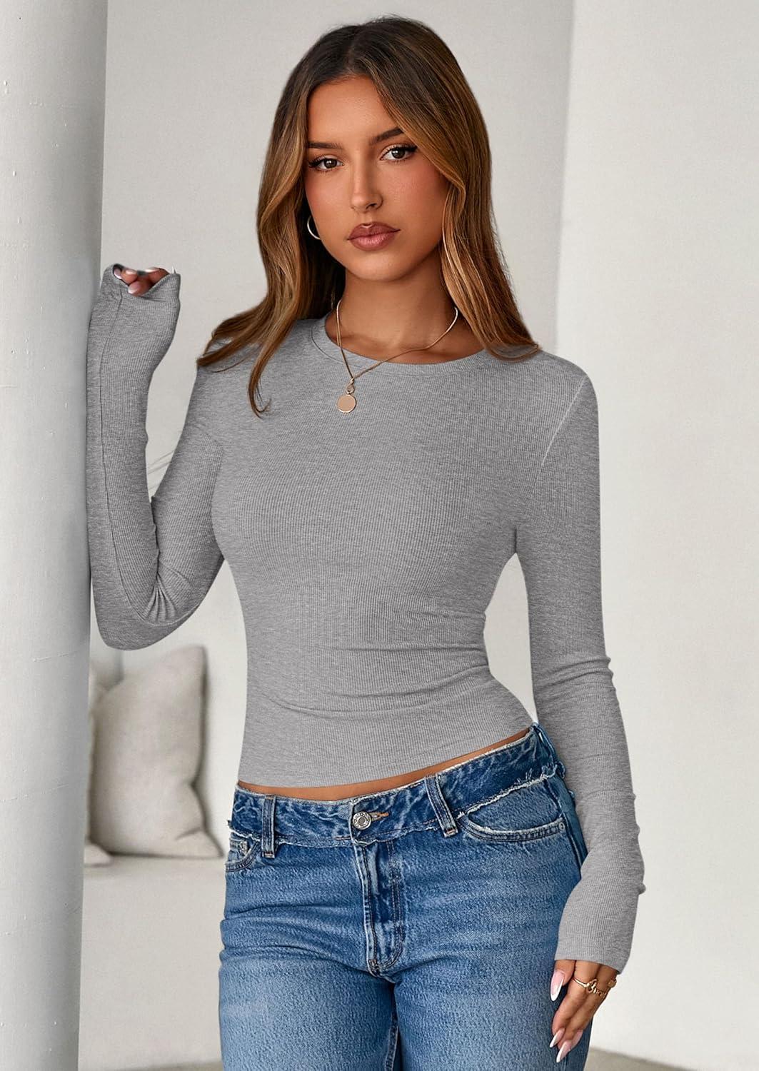 imagePRETTYGARDEN Women 2025 Fall Clothes Long Sleeve Shirts Ribbed Knit Fitted Basic Tee Going Out Tops Underscrub Casual OutfitsGrey