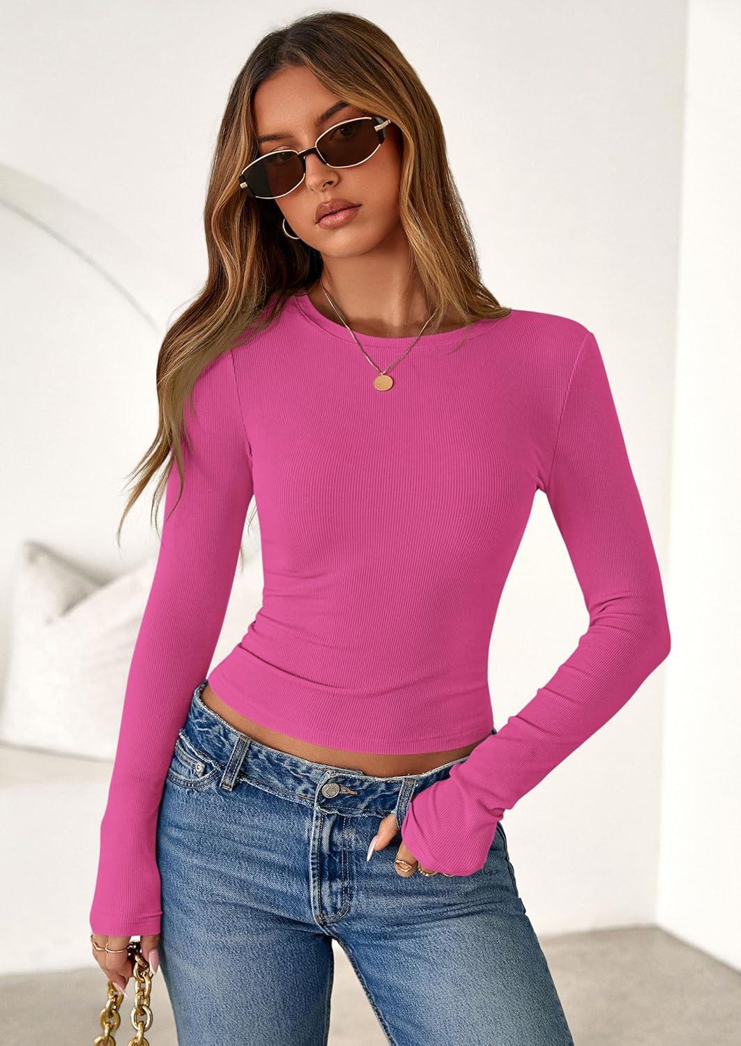imagePRETTYGARDEN Women 2025 Fall Clothes Long Sleeve Shirts Ribbed Knit Fitted Basic Tee Going Out Tops Underscrub Casual OutfitsHot Pink