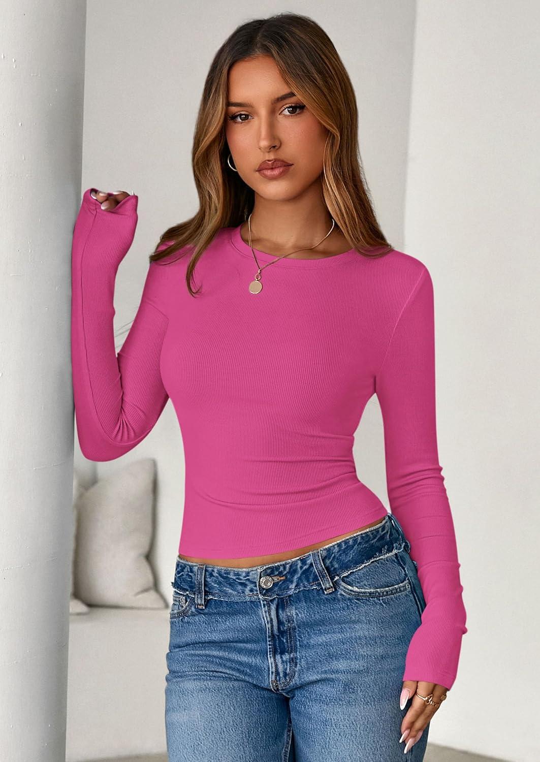 imagePRETTYGARDEN Women 2025 Fall Clothes Long Sleeve Shirts Ribbed Knit Fitted Basic Tee Going Out Tops Underscrub Casual OutfitsHot Pink