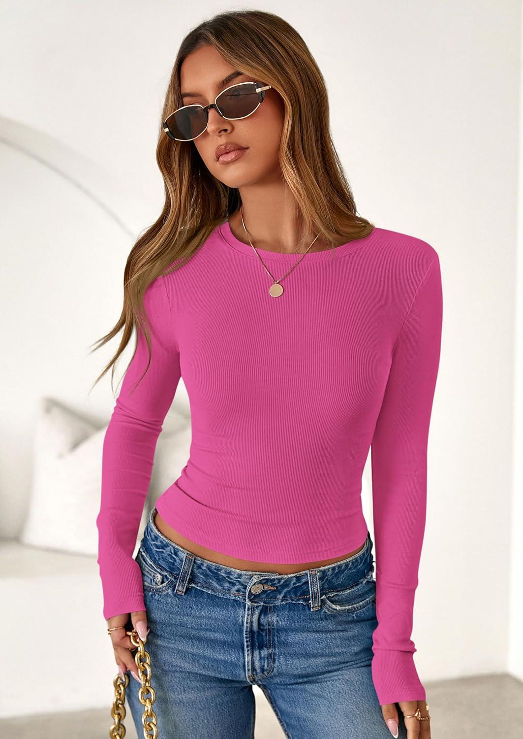 imagePRETTYGARDEN Women 2025 Fall Clothes Long Sleeve Shirts Ribbed Knit Fitted Basic Tee Going Out Tops Underscrub Casual OutfitsHot Pink