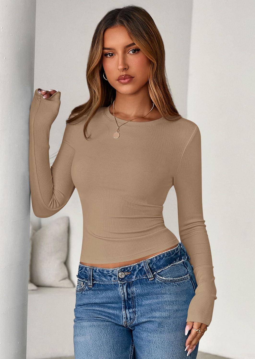 imagePRETTYGARDEN Women 2025 Fall Clothes Long Sleeve Shirts Ribbed Knit Fitted Basic Tee Going Out Tops Underscrub Casual OutfitsKhaki