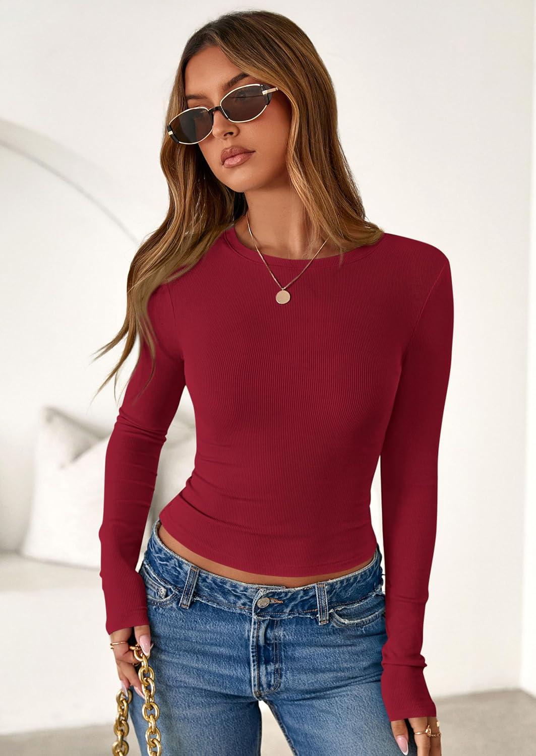 imagePRETTYGARDEN Women 2025 Fall Clothes Long Sleeve Shirts Ribbed Knit Fitted Basic Tee Going Out Tops Underscrub Casual OutfitsRed
