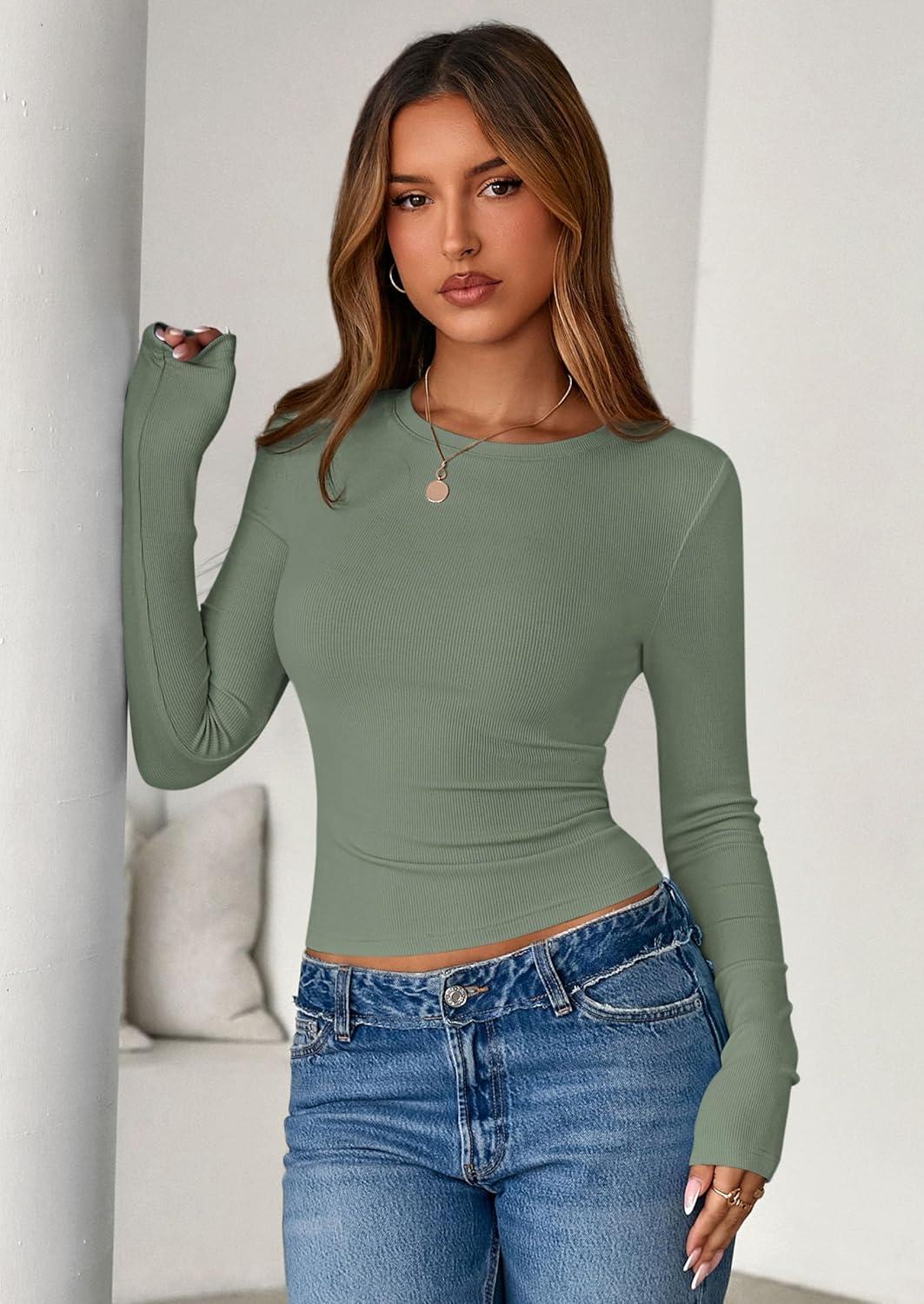 imagePRETTYGARDEN Women 2025 Fall Clothes Long Sleeve Shirts Ribbed Knit Fitted Basic Tee Going Out Tops Underscrub Casual OutfitsSage Green