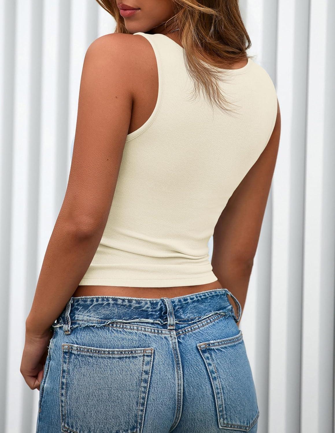 imagePRETTYGARDEN Womens 2025 Summer Tank Tops Ribbed Knit Slim Fit Sleeveless Henley Shirts Casual Basic Button Up BlouseBeige