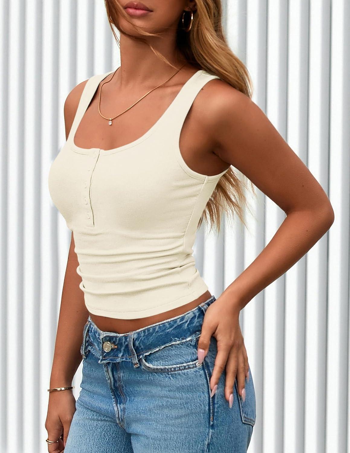imagePRETTYGARDEN Womens 2025 Summer Tank Tops Ribbed Knit Slim Fit Sleeveless Henley Shirts Casual Basic Button Up BlouseBeige