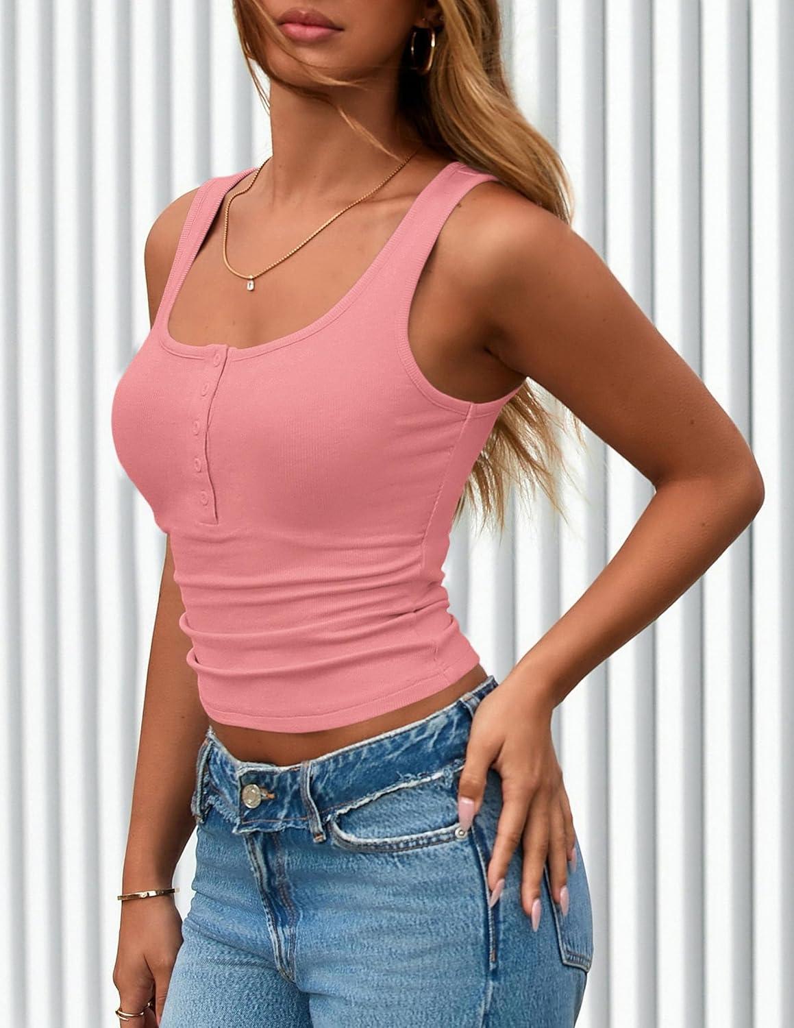 imagePRETTYGARDEN Womens 2025 Summer Tank Tops Ribbed Knit Slim Fit Sleeveless Henley Shirts Casual Basic Button Up BlousePink