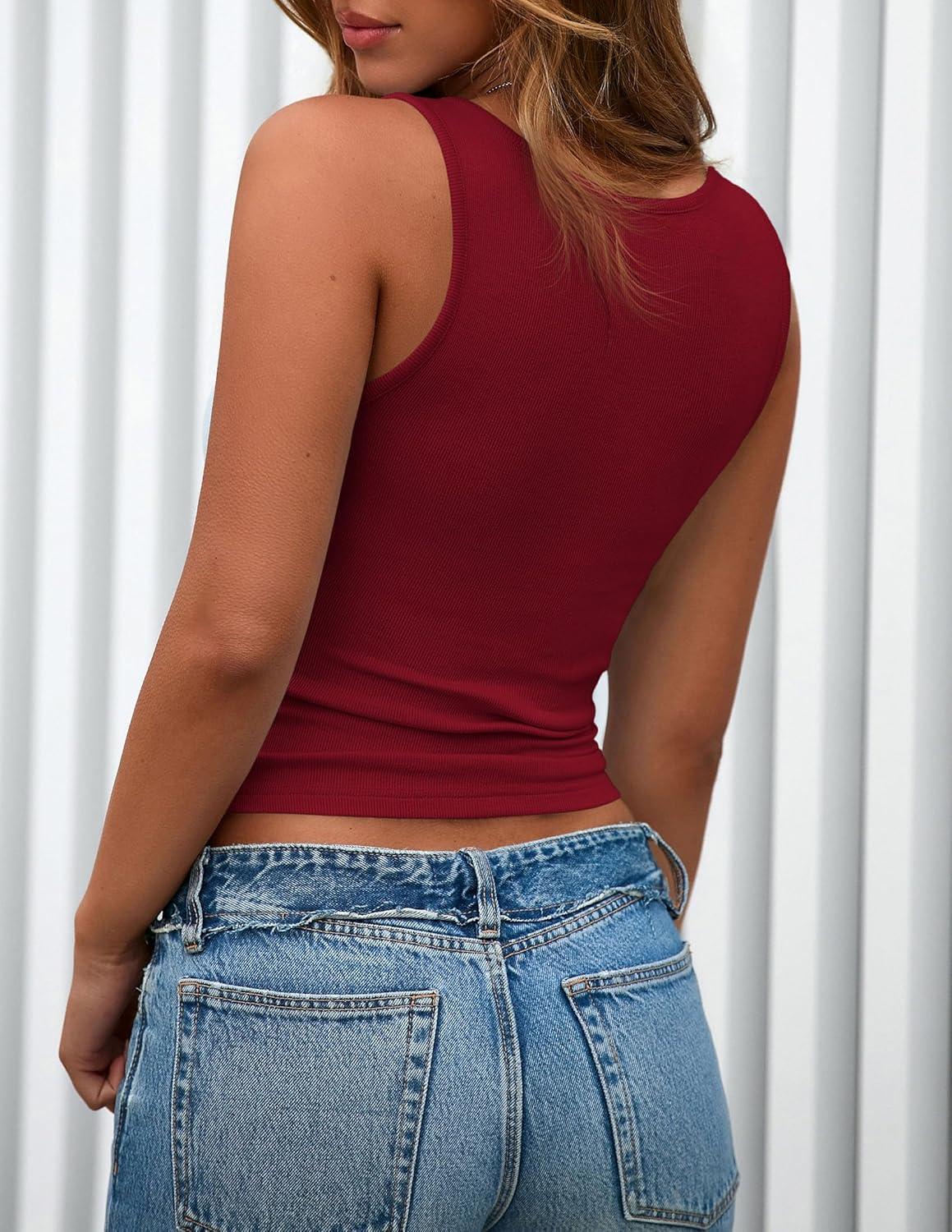 imagePRETTYGARDEN Womens 2025 Summer Tank Tops Ribbed Knit Slim Fit Sleeveless Henley Shirts Casual Basic Button Up BlouseWine Red