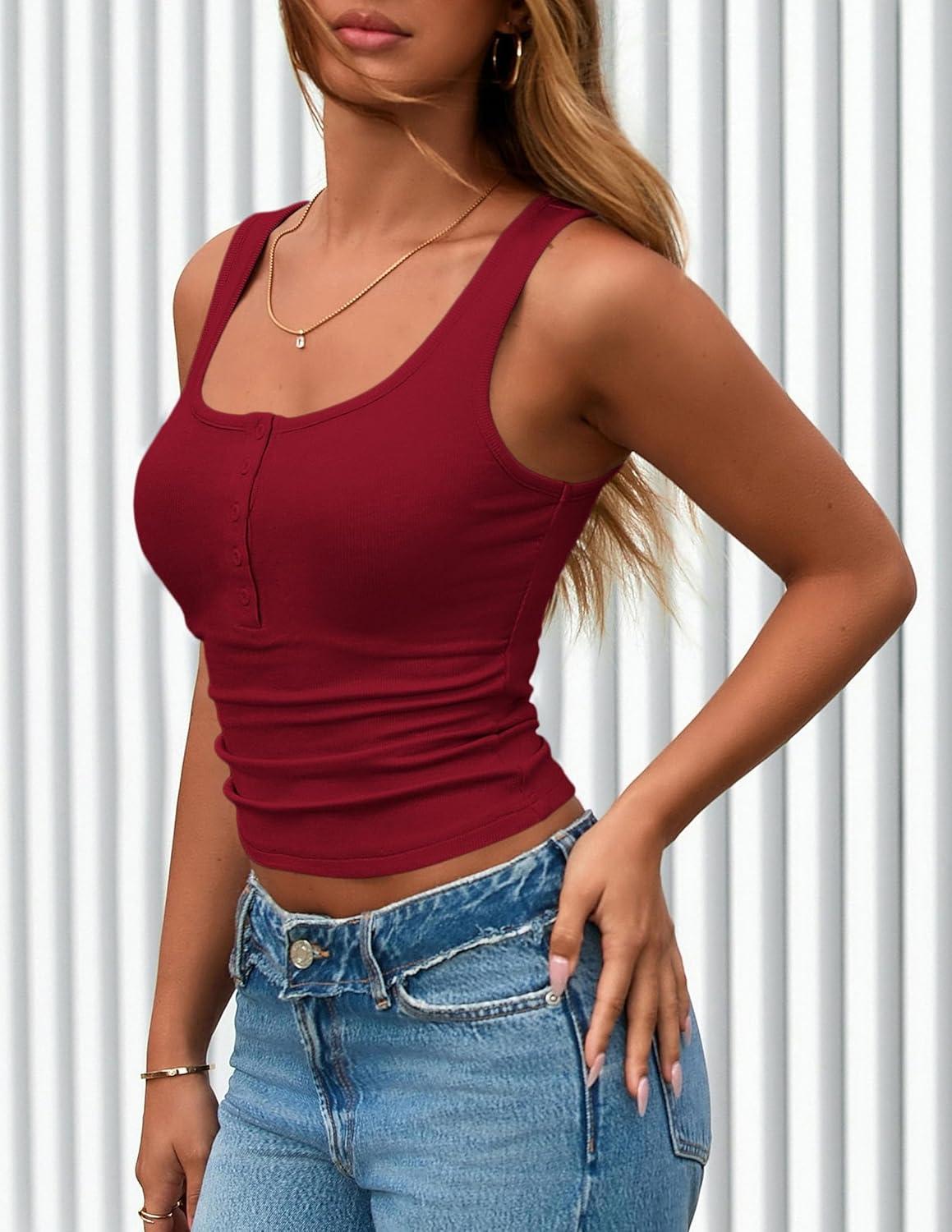 imagePRETTYGARDEN Womens 2025 Summer Tank Tops Ribbed Knit Slim Fit Sleeveless Henley Shirts Casual Basic Button Up BlouseWine Red