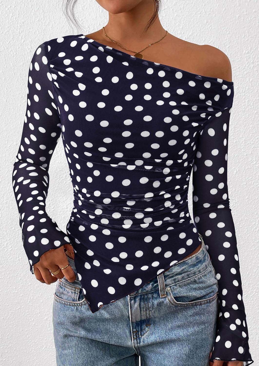 imagePRETTYGARDEN Womens Fall Trendy Off Shoulder Y2k Tops 2025 Tie Dye Mesh Long Sleeve Shirts Asymmetrical Ruched Floral BlouseDot Navy Blue White