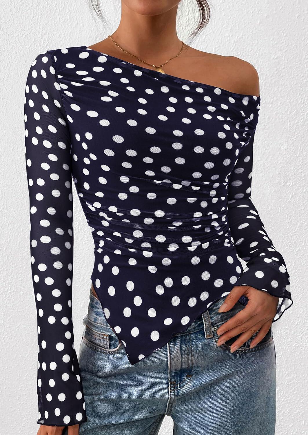 imagePRETTYGARDEN Womens Fall Trendy Off Shoulder Y2k Tops 2025 Tie Dye Mesh Long Sleeve Shirts Asymmetrical Ruched Floral BlouseDot Navy Blue White