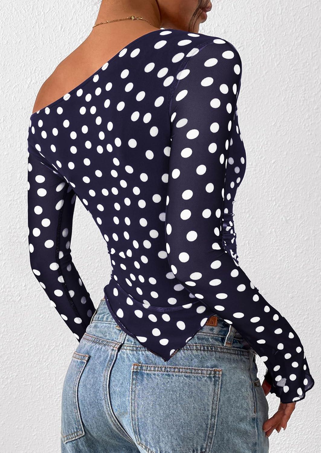 imagePRETTYGARDEN Womens Fall Trendy Off Shoulder Y2k Tops 2025 Tie Dye Mesh Long Sleeve Shirts Asymmetrical Ruched Floral BlouseDot Navy Blue White